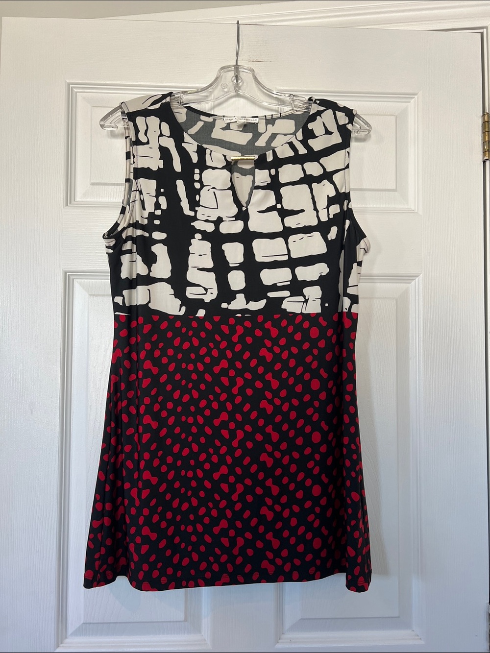 Sleeveless Black & White Top with Red Print Mini Dress